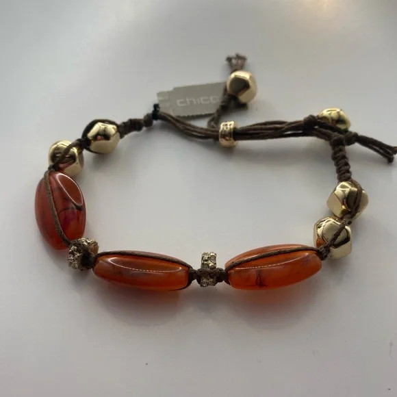 Chico's Amber Colored Brown and Gold Bohemian Macrame Bracelet NWT Adjustable - Picture 2 of 5
